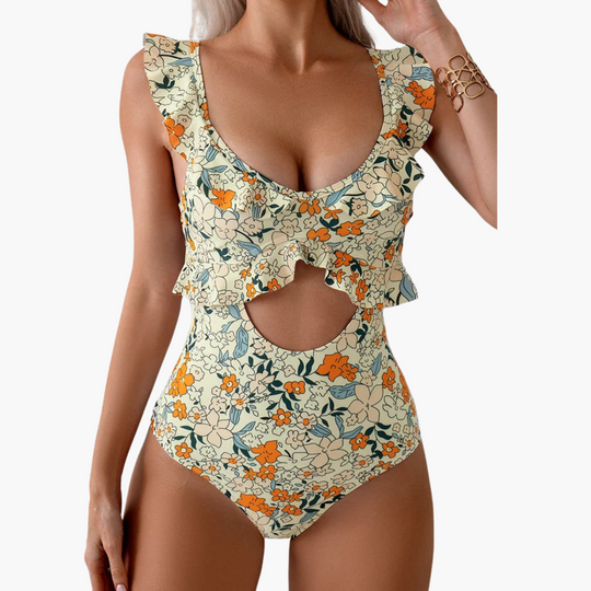 Floral One Piece Swimsuit - Ruffled Women’s Cut-Out Design