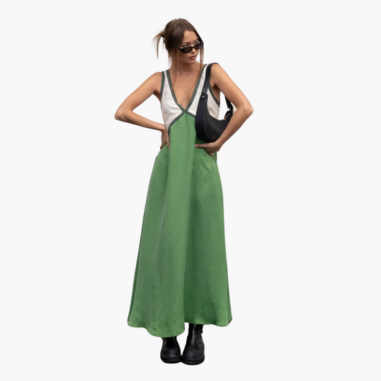 V-neck Colour-Block Maxi Dress for Women - Stylish & Lightweight
