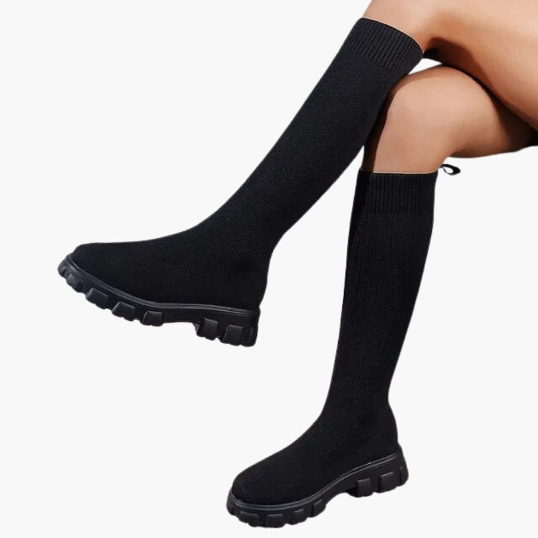 Women’s winter knee-high boots with stretch knit and round toe