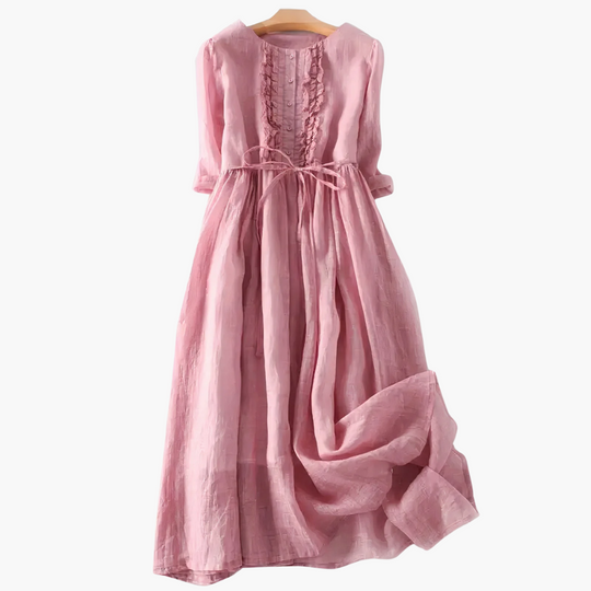 Long Elegant Dress for Women - Button Placket & Tie Waist
