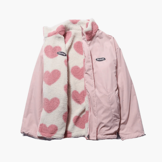 Reversible Heart Print Sherpa Jacket - Women's Winter Fleece