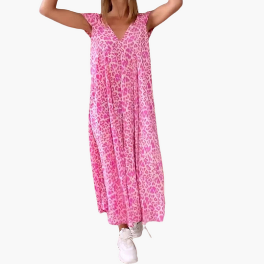 Leopard Print Midi Dress for Women – V-Neck & Loose Fit