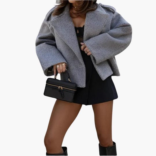 Chic Wool Blend Cropped Jacket - Oversized Elegance for Women