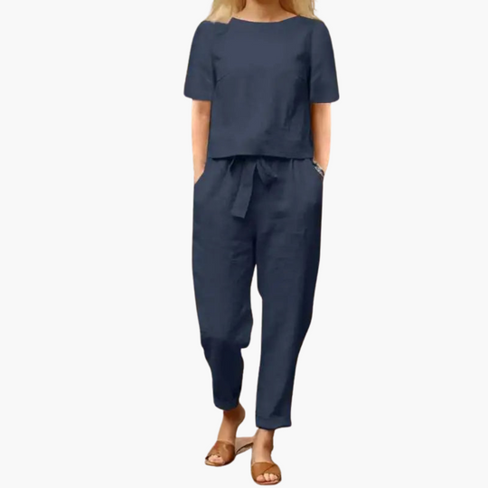 Women's two-piece set with short-sleeve top and ankle-length trousers