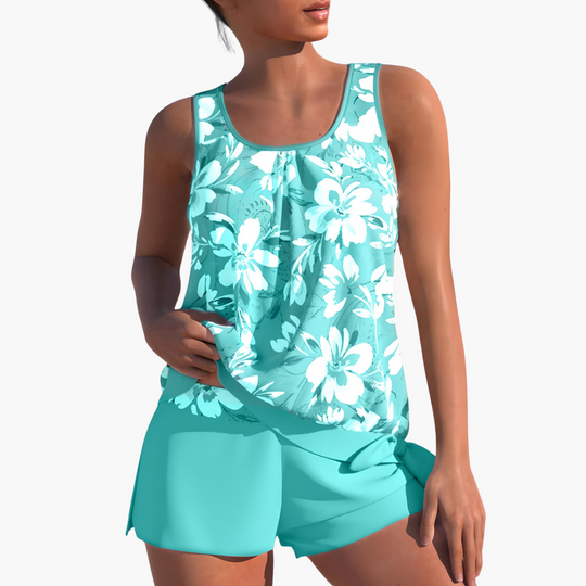 Women's summer tankini swimwear set with shorts and scoop neck