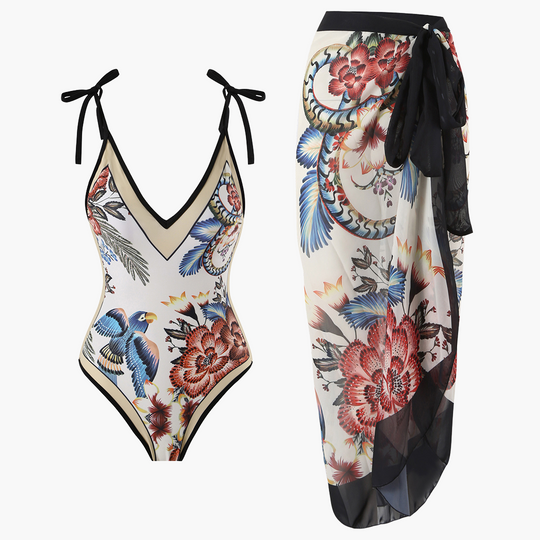 Floral One-Piece Swimsuit Set - for Women with Sarong