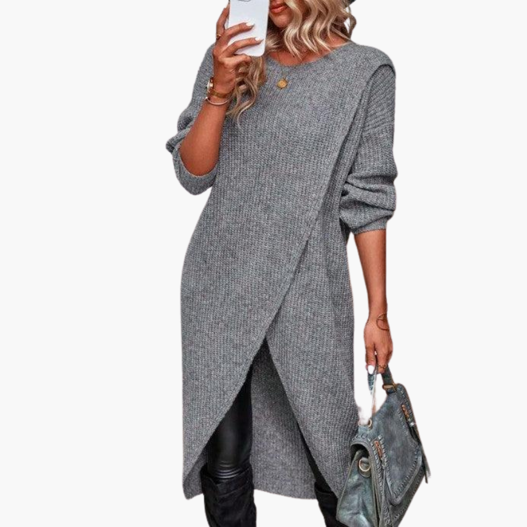 Asymmetrical Hem Sweater Dress - Women's Long Sleeve Knit - IsabellaMae