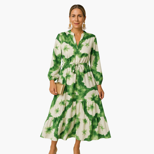 Elegant Tie Waist Maxi Dress for Women – V-Neck & Long Sleeve