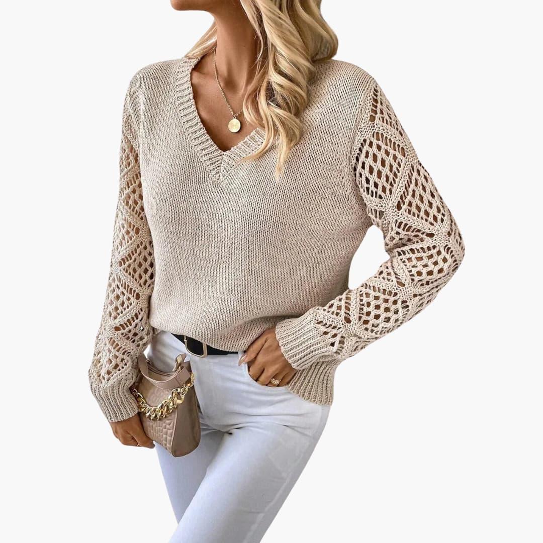 Jade | Stylish V-Neck Sweater With Handmade Details - IsabellaMae