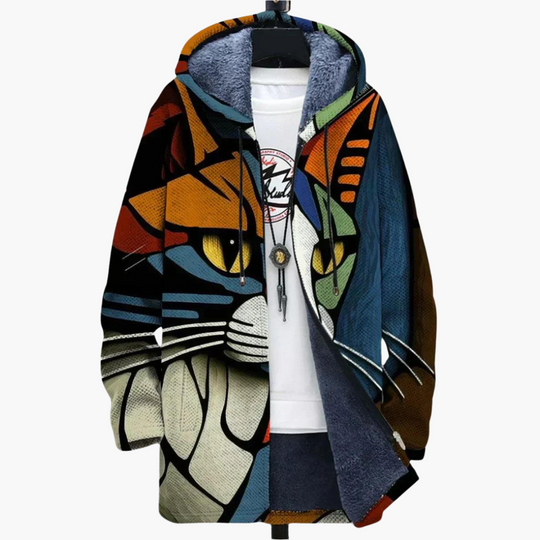 Cat Print Fleece Jacket - Men's Graphic Zip Up Hoodie