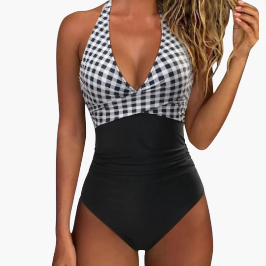Checkered One-Piece Swimsuit - Women's Tummy Control Swimwear