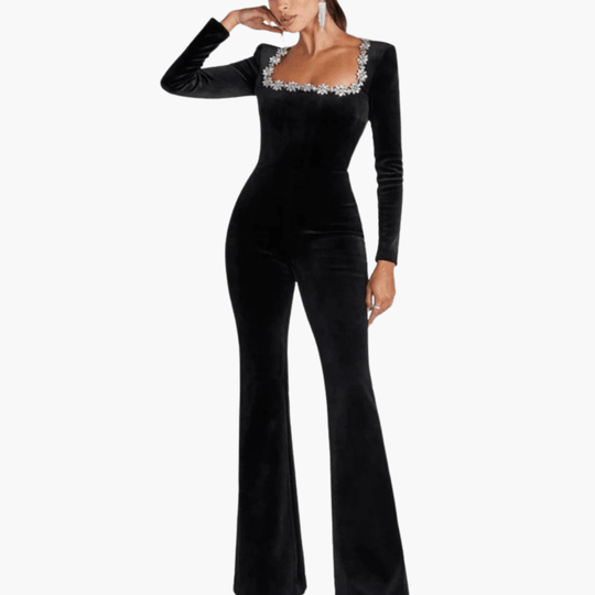 Velvet Evening Jumpsuit – Women's Embellished Square Neck