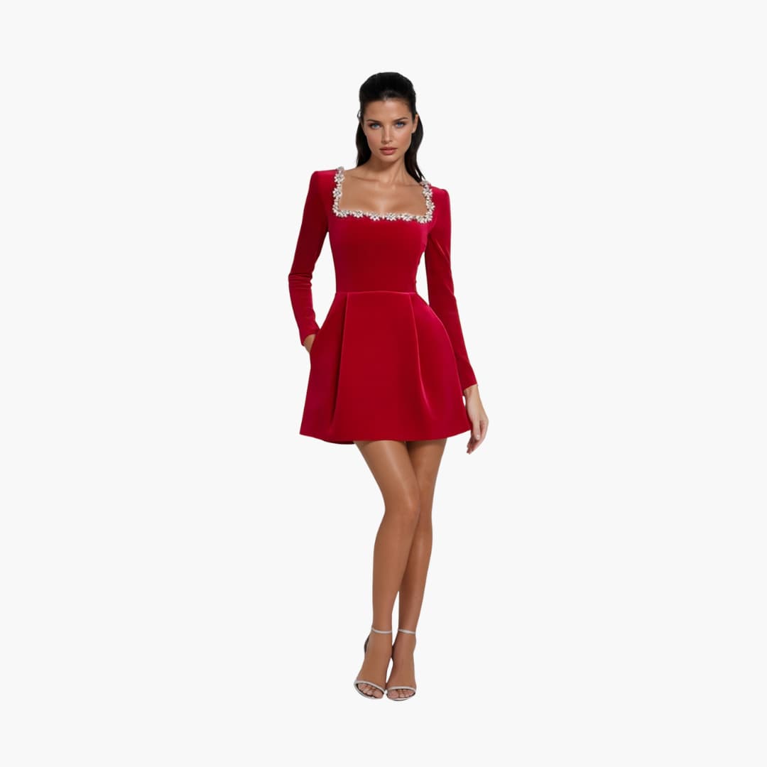 Women’s mini dress with long sleeves and square neckline