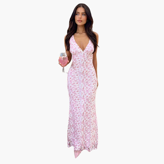 Lace Maxi Dress - Women's Elegant Evening Gown with Detail