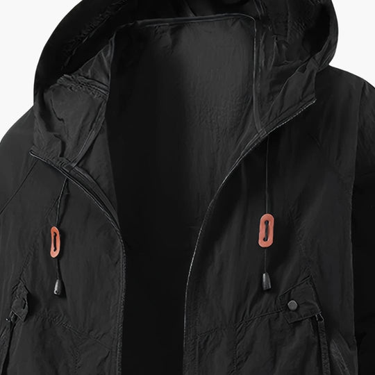 Unisex windbreaker jacket with hood and zip pockets for outdoors