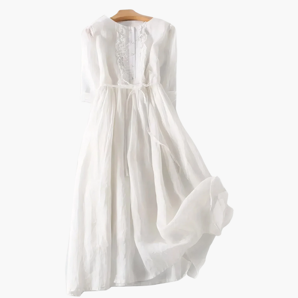 Long Elegant Dress for Women - Button Placket & Tie Waist