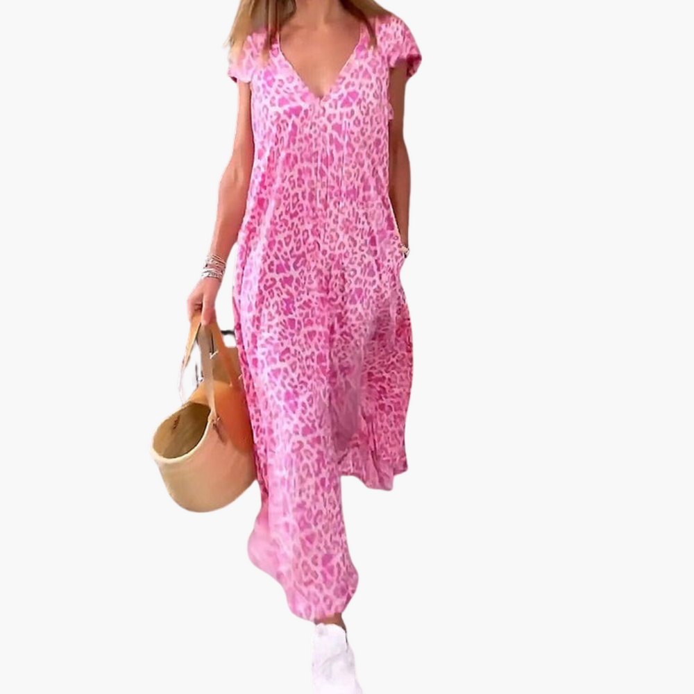 Leopard Print Midi Dress for Women – V-Neck & Loose Fit