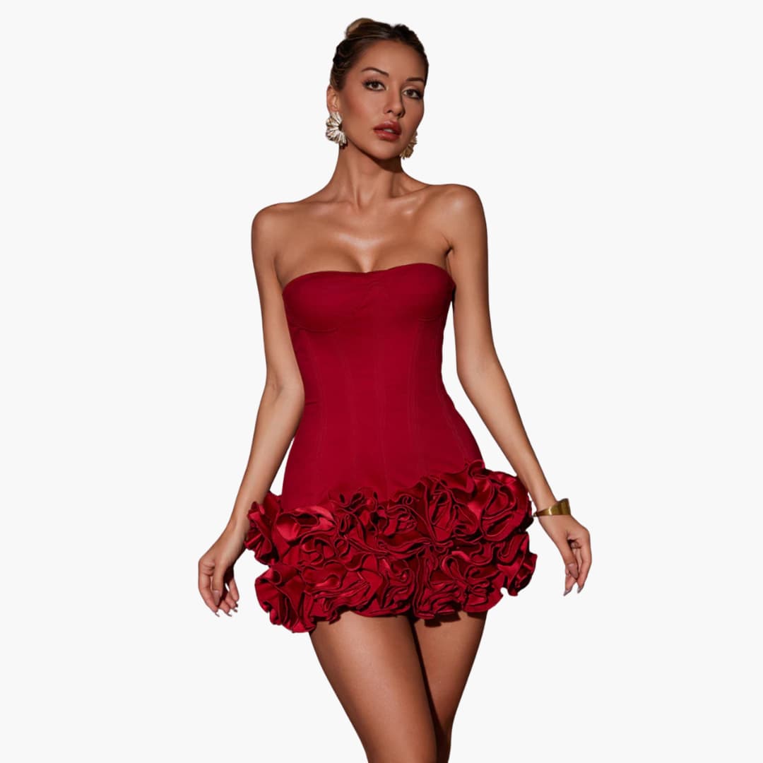 Women’s mini dress with strapless bodice and ruffled skirt