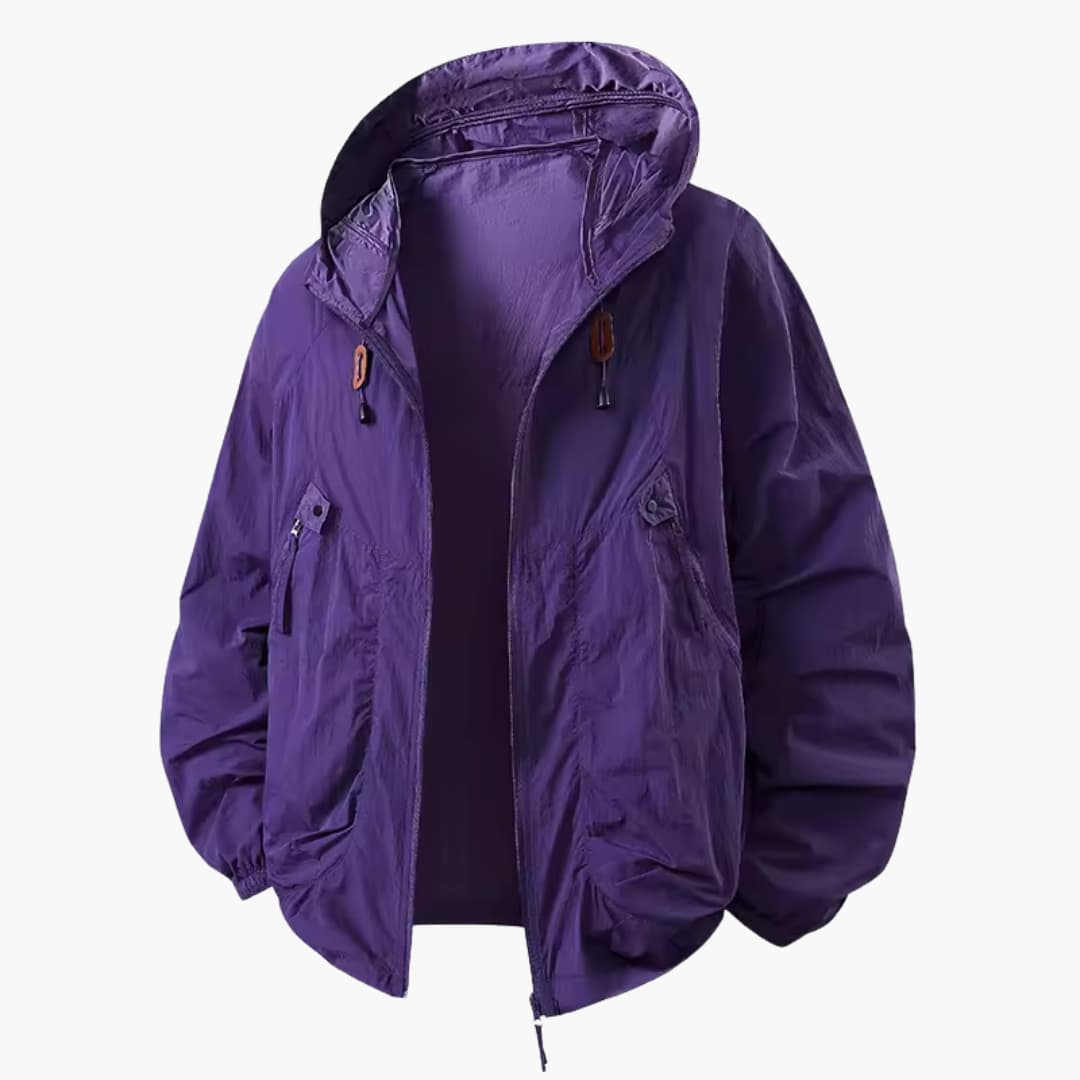 Unisex windbreaker jacket with hood and zip pockets for outdoors