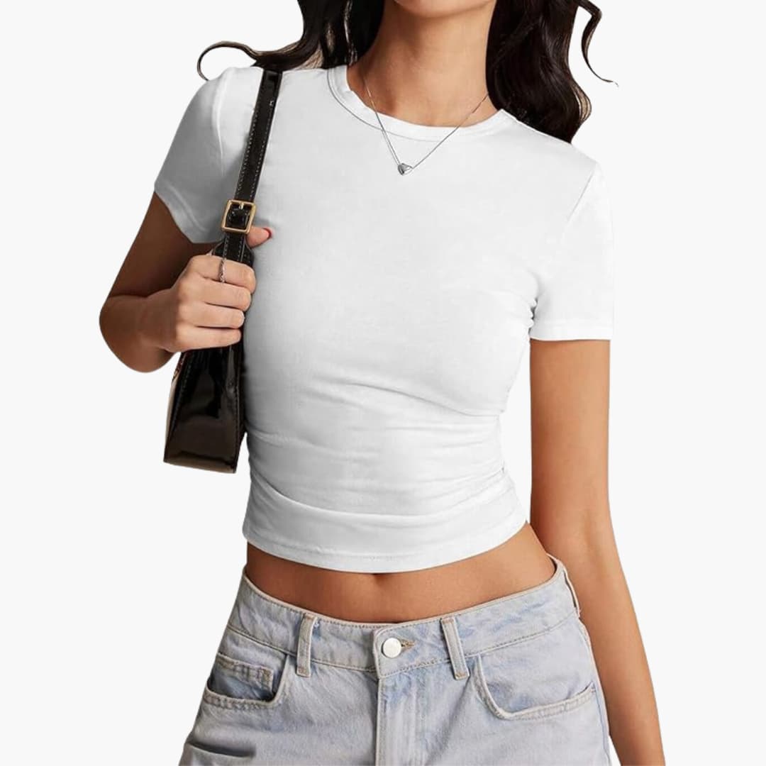 Women’s cropped slim fit top with crew neck and short sleeves