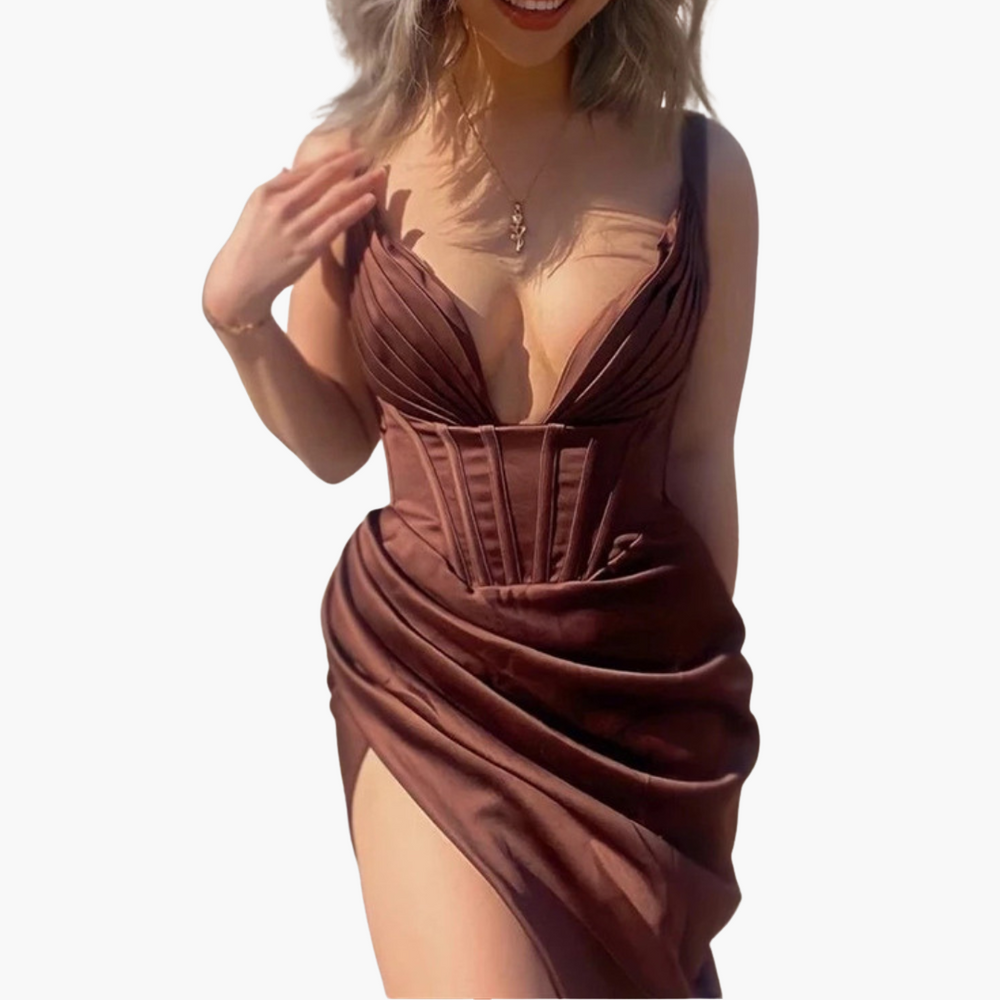 Satin midi dress - elegant design for women with deep V