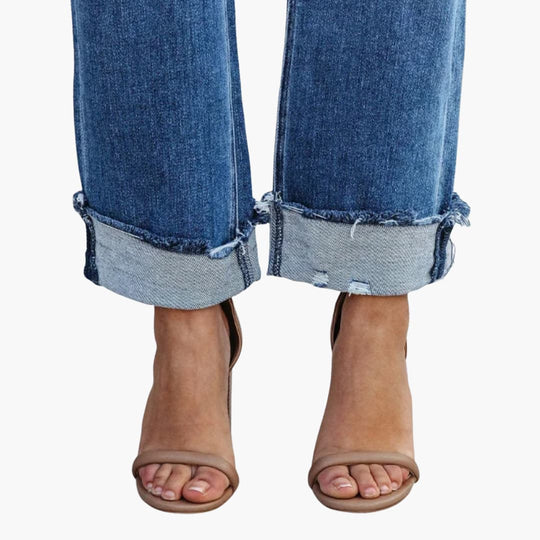 Women’s denim straight leg jeans with high rise and cuffed hems
