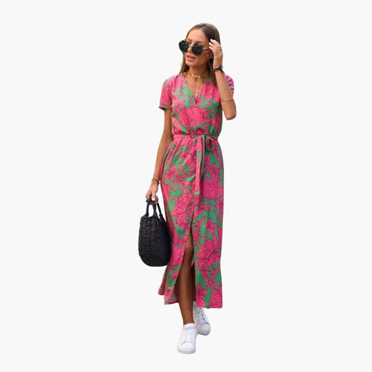 Floral Wrap Midi Dress with Tie Waist - Casual Dress for Women