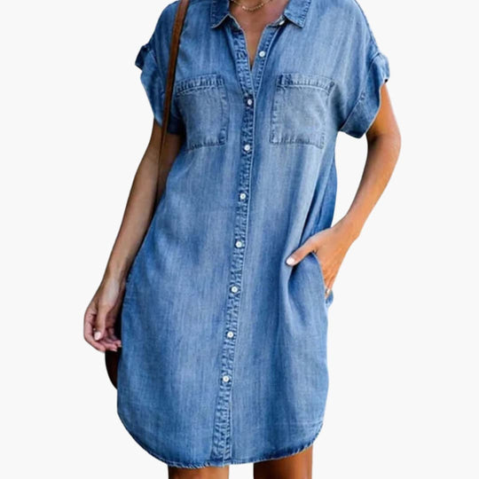 Women’s denim shirt dress with short sleeves and side pockets