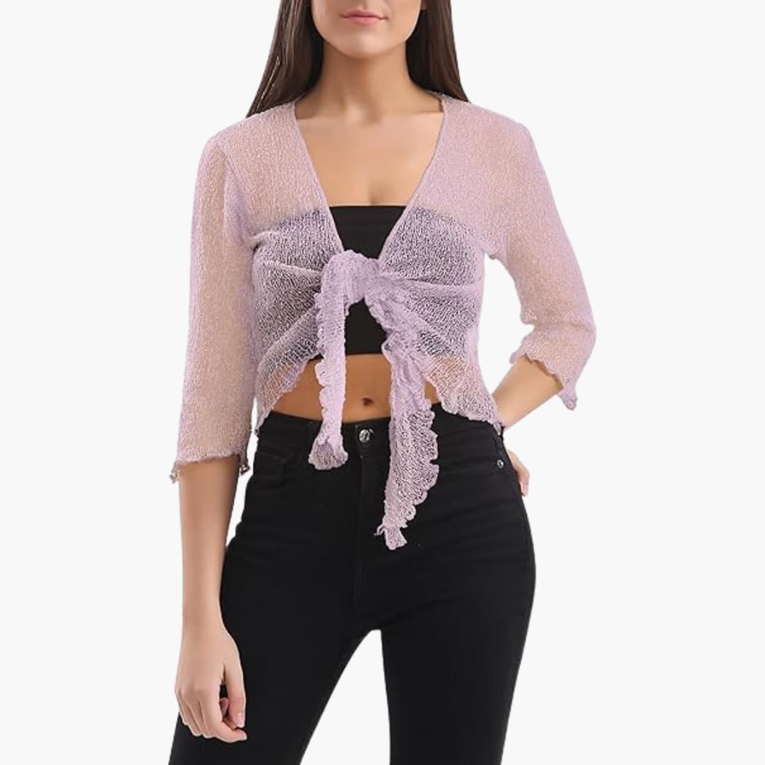 Women’s sheer cropped tie-up shrug with three-quarter sleeves