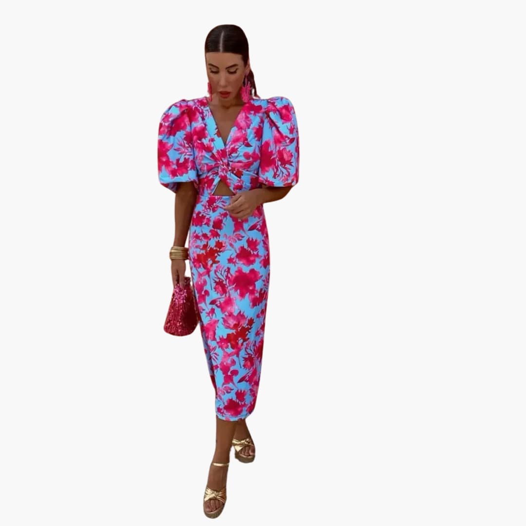 Puff Sleeve Midi Dress for Women - Ruched Waist Party Look