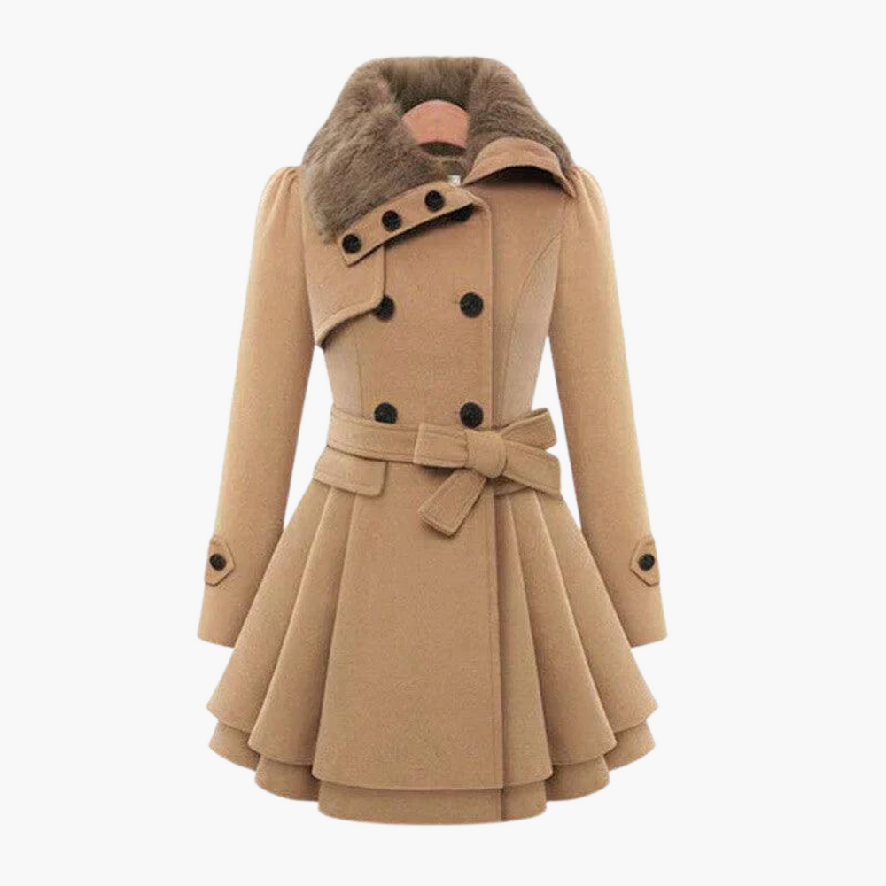 Flared Wool Trench Coat for Women - Belted with Fur Collar