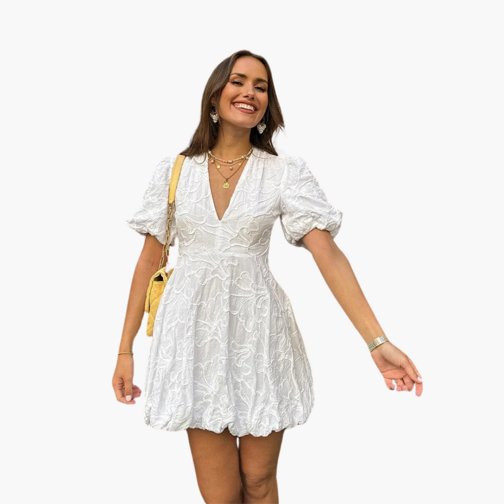 Floral Embroidered Dress for Women - Elegant Puff Sleeve Style
