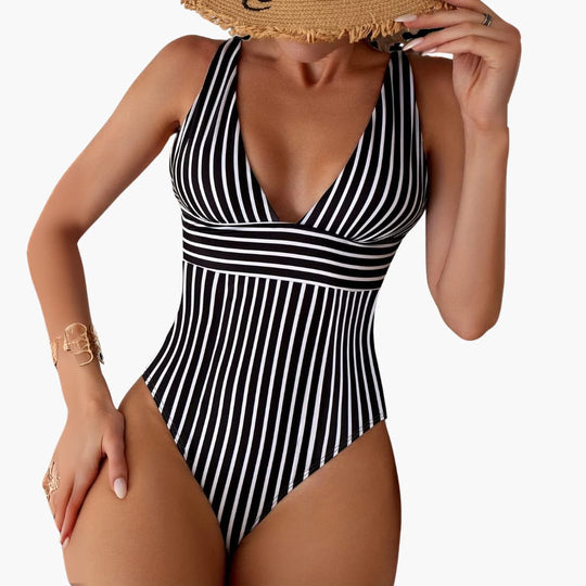 Women's one-piece swimsuit with striped pattern and V-neck