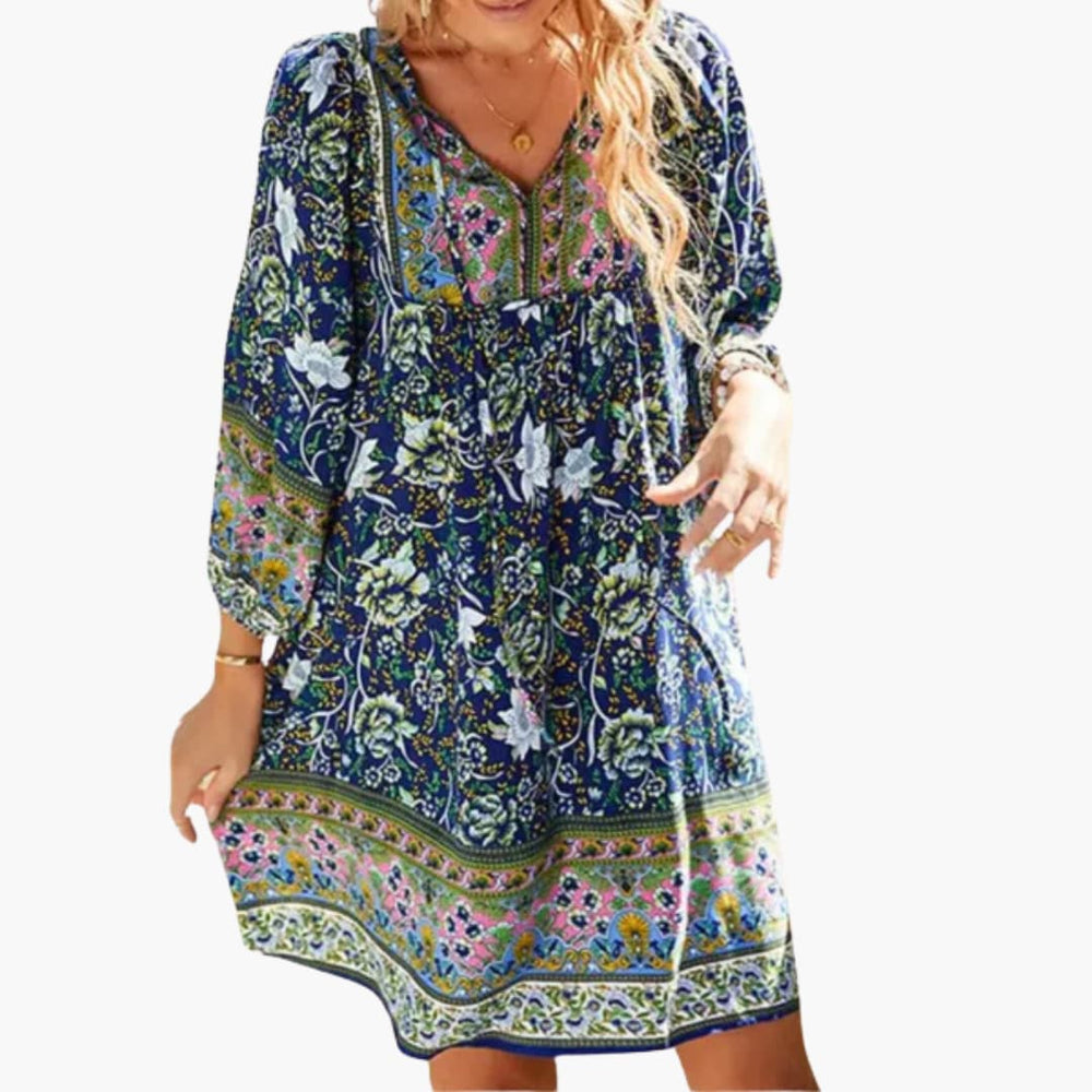 Women’s boho floral dress with long sleeves and V-neckline