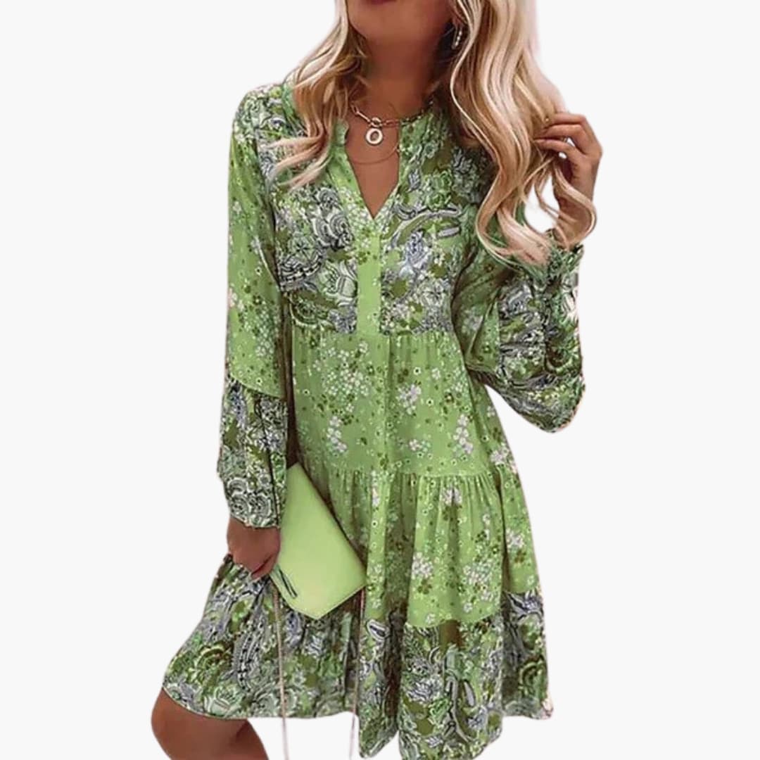 Women’s A-line dress with floral print and tiered skirt