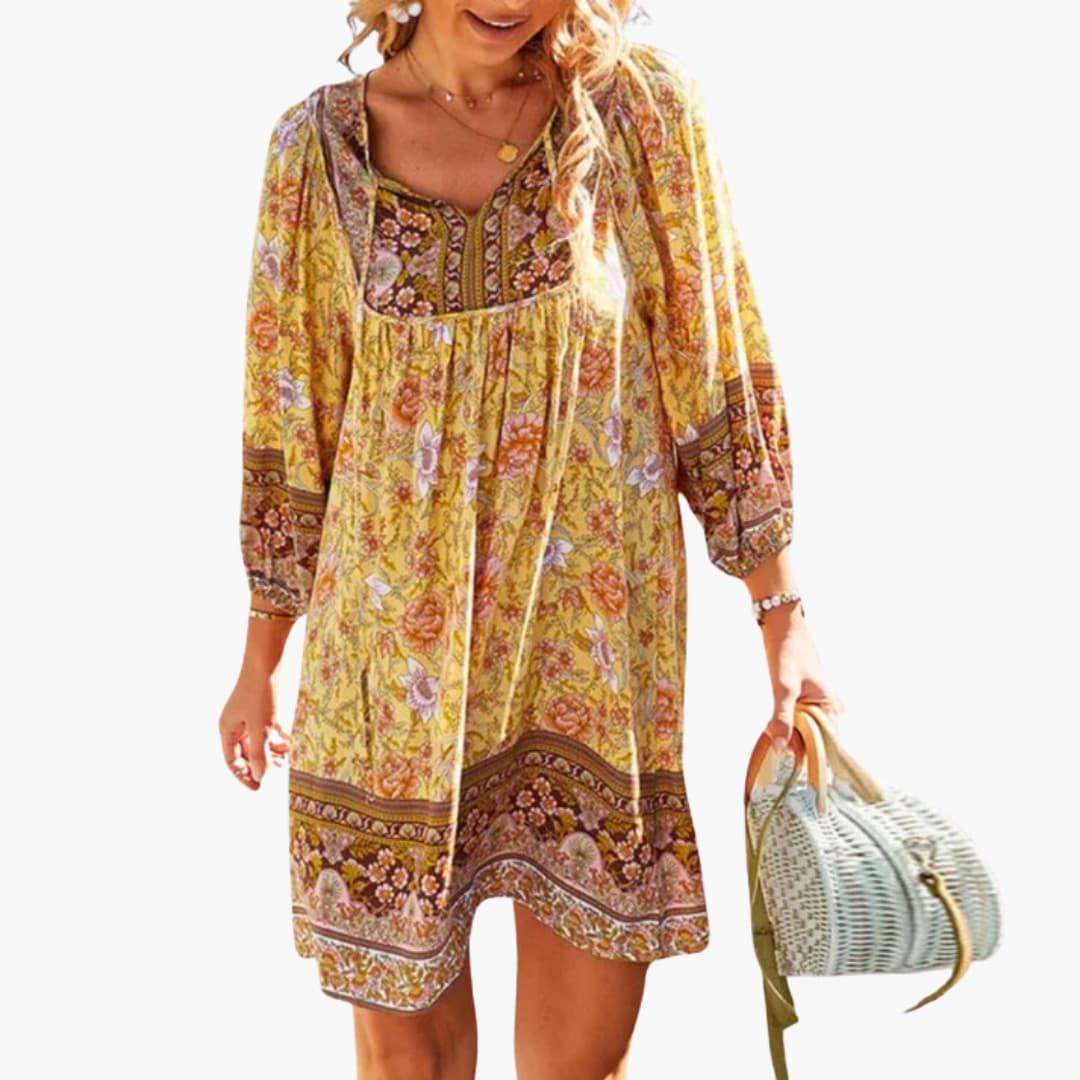 Women’s boho floral dress with long sleeves and V-neckline