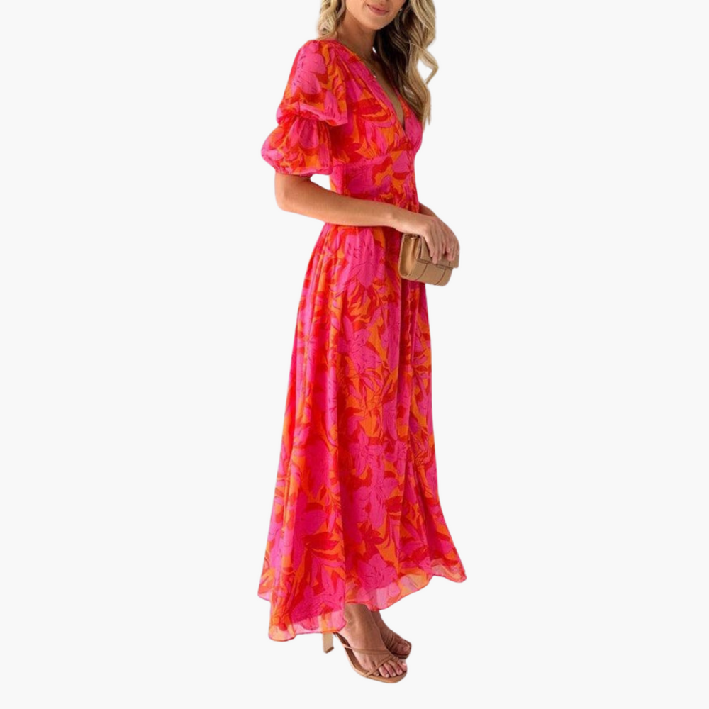 Women’s ankle-length maxi dress with V-neck and puff sleeves