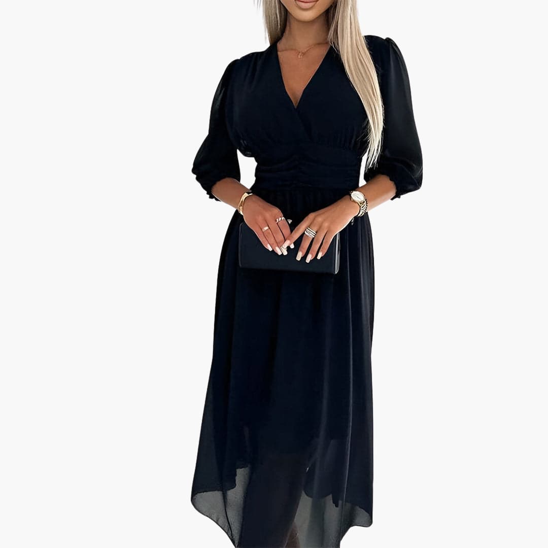 Chiffon Midi Dress for Women - V Neck Ruched Waist Style