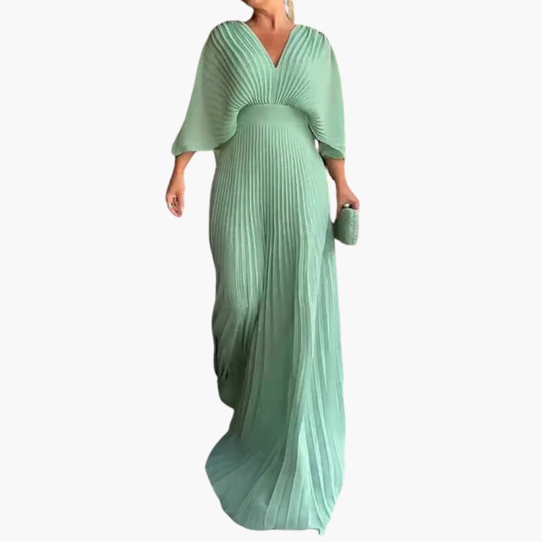 Women's all-season floor-length pleated formal dress with V-neck