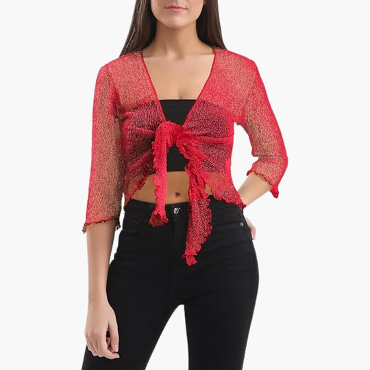 Women’s cropped tie-up shrug with sheer knit sleeves