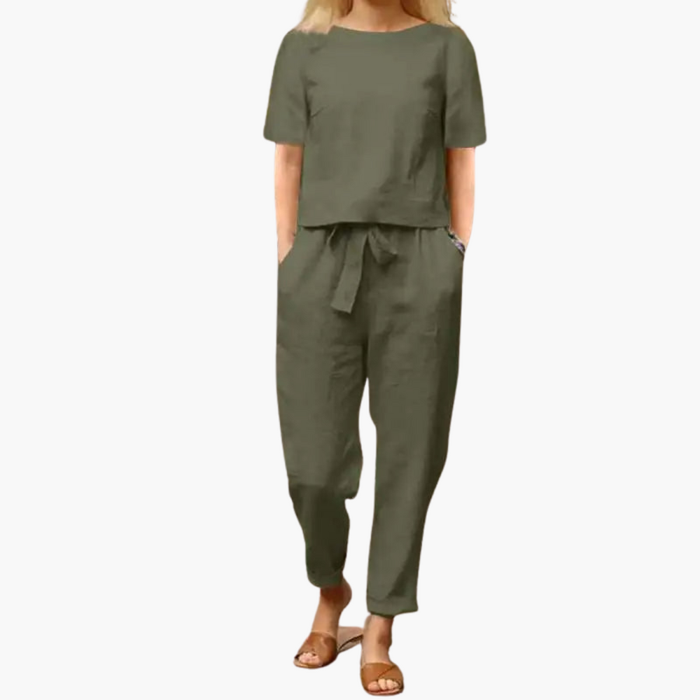 Women's two-piece set with short-sleeve top and ankle-length trousers