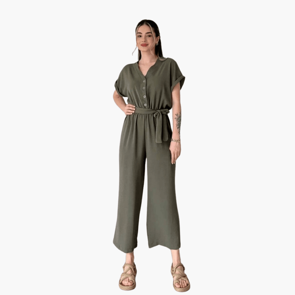 Casual Belted Jumpsuit – Women's V-Neck, Short Sleeve, Wide-Leg - IsabellaMae