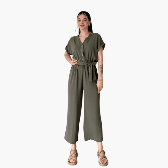 Casual Belted Jumpsuit – Women's V-Neck, Short Sleeve, Wide-Leg - IsabellaMae