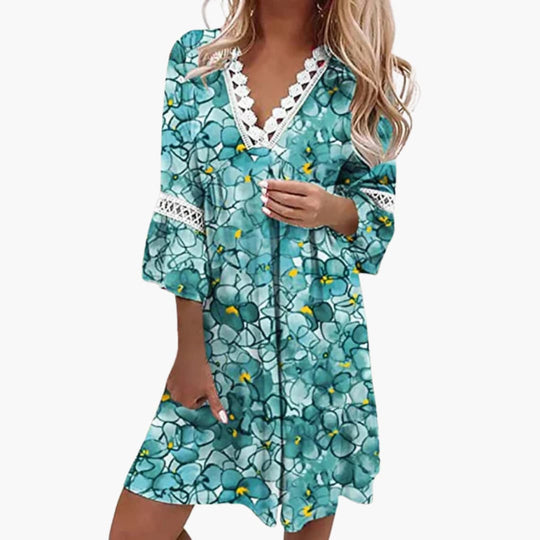 Women's cotton boho dress with floral print and lace trim sleeves