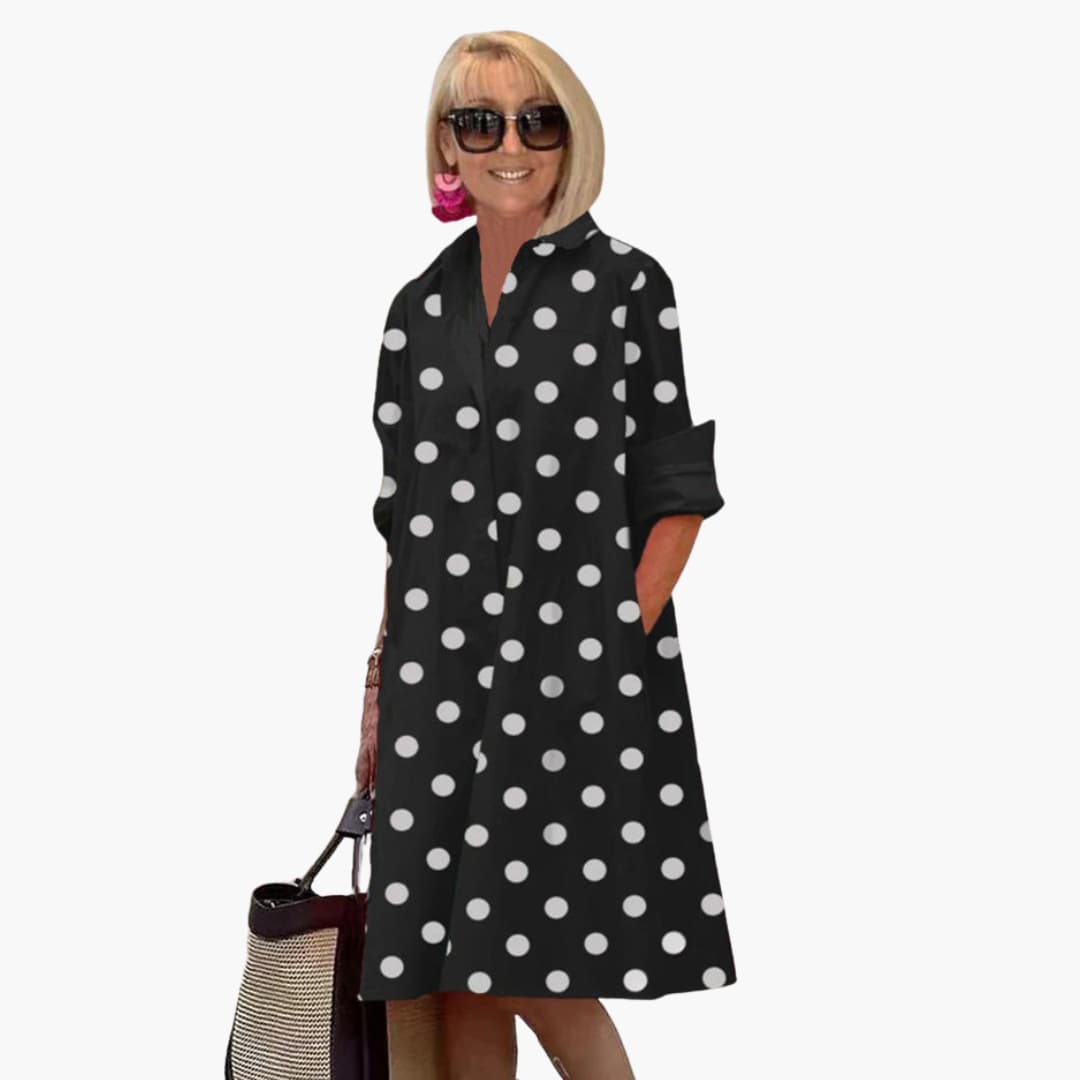 Women's midi dress with long sleeves and polka dot print