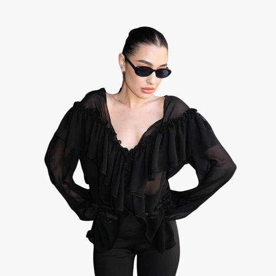 Women’s chiffon long sleeve blouse with V-neck and ruffles