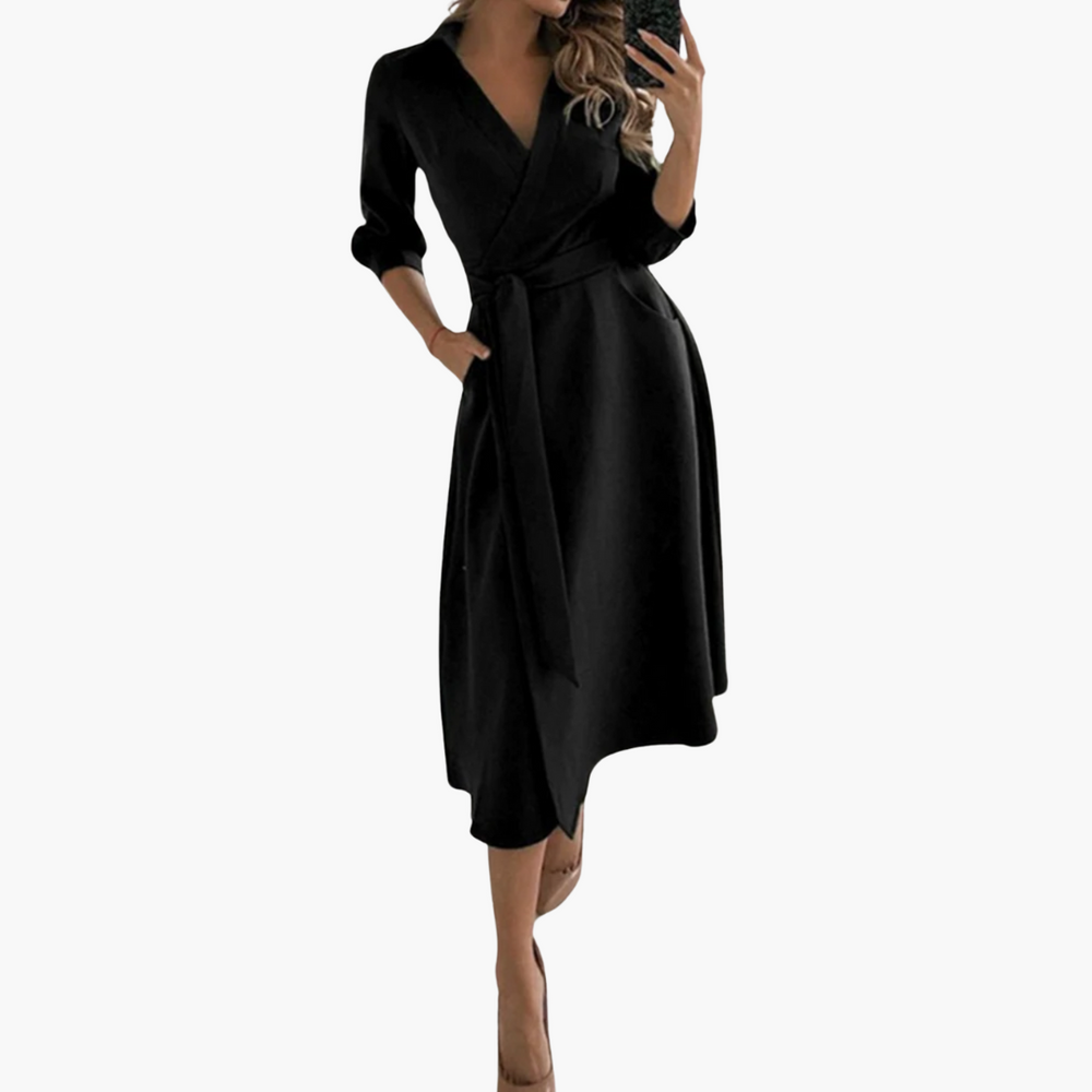 Geometric Print Wrap Midi Dress – Women's Elegant Sleeve