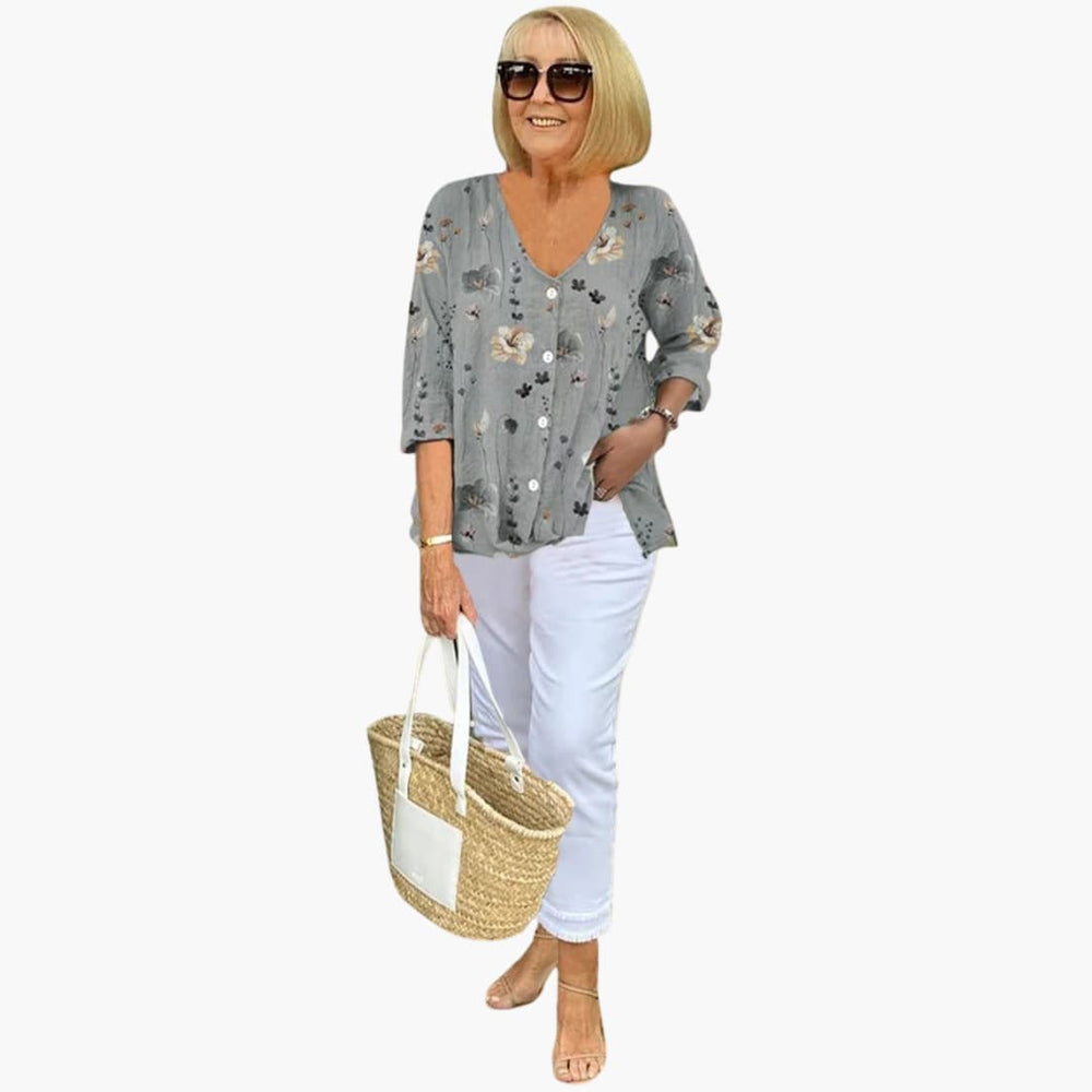 Women’s relaxed-fit blouse with floral print and V-neckline