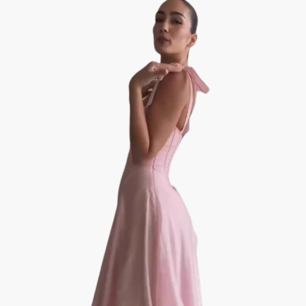 Corset Midi Dress for Women - Vintage-Inspired Bow Straps