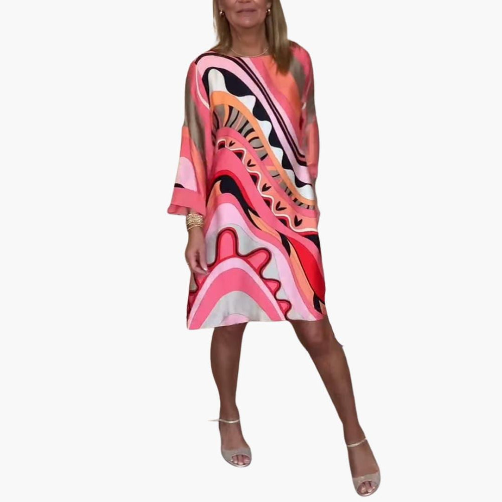 Printed Midi Dress with Bell Sleeves - Casual Fit for Women